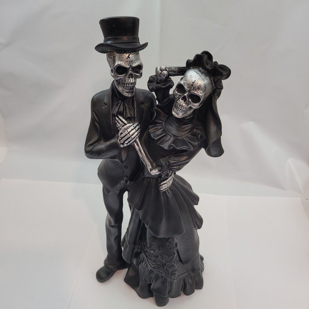 Vintage Skeleton Wedding Couple Figurine Black Silver Gothic Halloween Decor 13